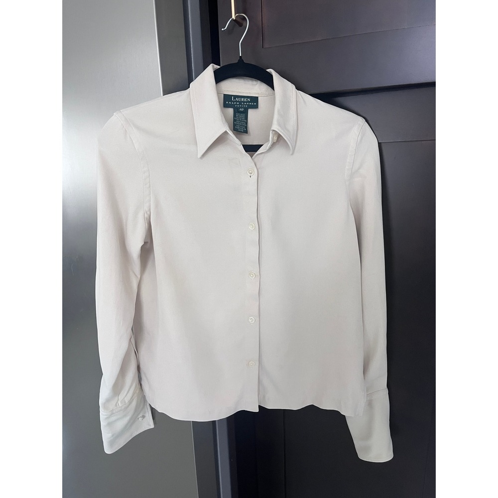 Lauren Ralph Lauren 100% Silk Ivory Button Down Blouse 4P Petite Classic Luxury